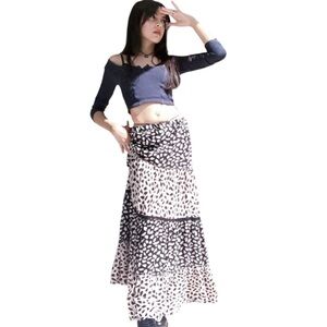 SOLITAIRE Tiered Black & White Maxi Skirt Polka Dot Resort Wear‎ Boho Fairygoth